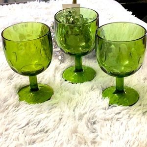 Three Vintage Bartlett Collins Avocado Green Thumbprint Goblets Stem Glasses